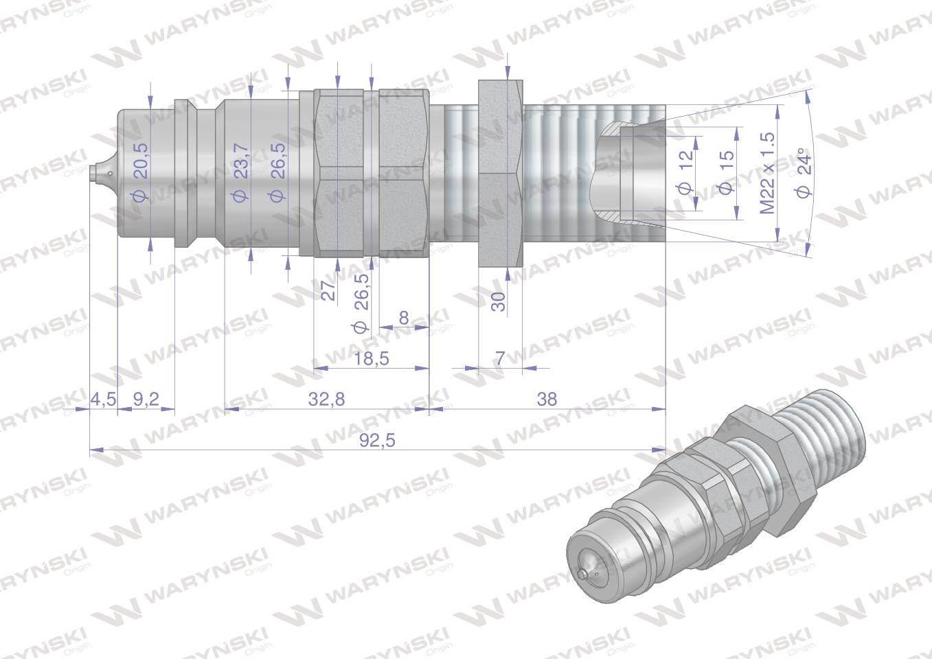 Szybkozłącze hydrauliczne wtyczka long z eliminatorem ciśnienia M22x1.5 gwi - zdjęcie 4