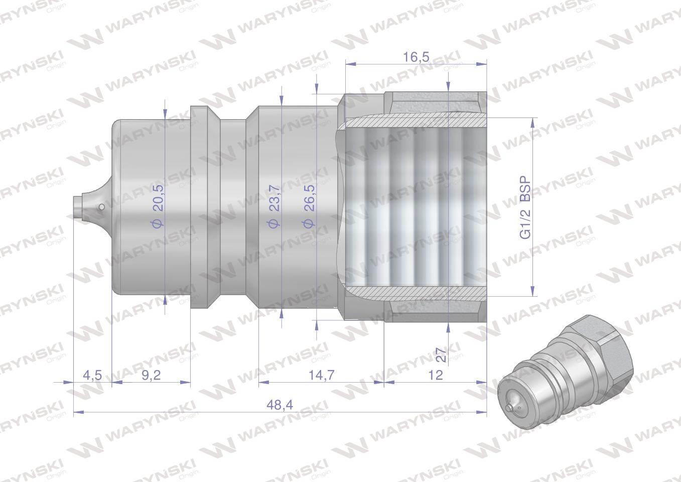 Szybkozłącze hydrauliczne wtyczka z eliminatorem ciśnienia G1/2"BSP gwint w - zdjęcie 2
