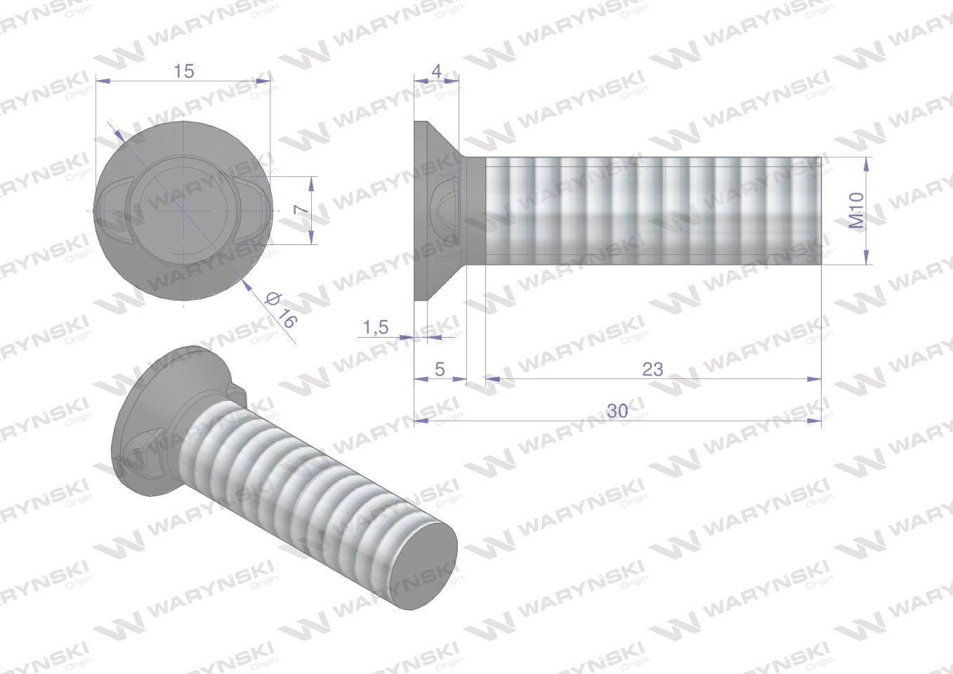 Śruba kpl. płużna dwunoskowa M10x30 mm kl.10.9 zastosowanie Gruber Waryński - zdjęcie 2
