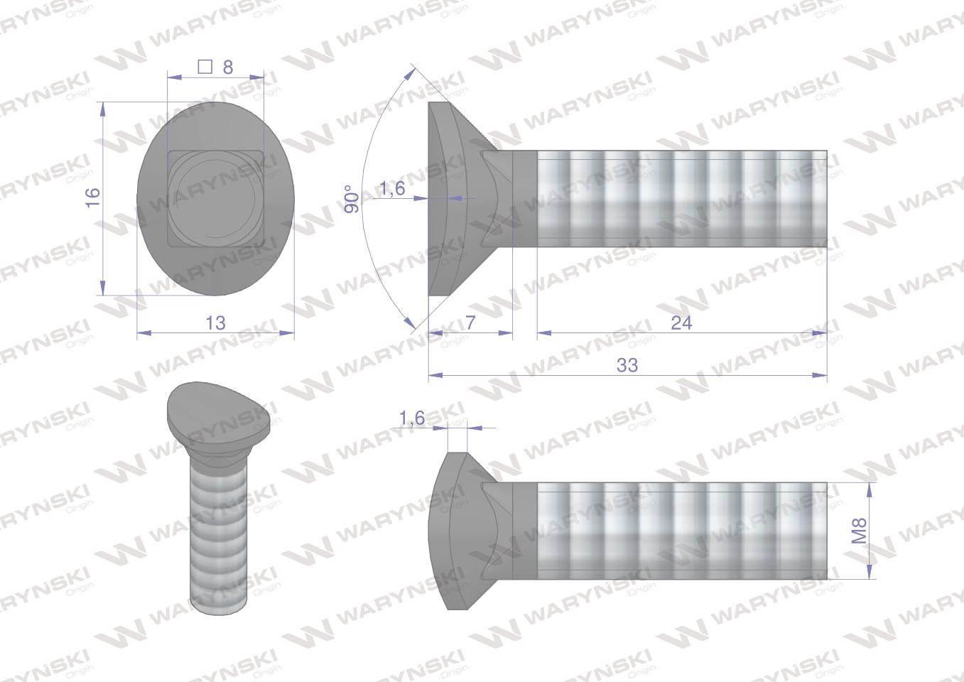 Śruba kpl. redliczkowa półokrągła M8x33 mm kl. 8.8 Waryński 25szt - zdjęcie 4
