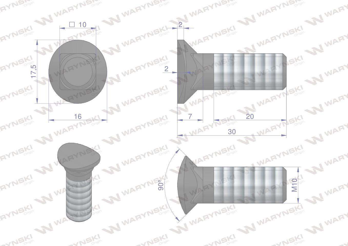 Śruba kpl. redliczkowa półokrągła M10x30 mm kl. 8.8 Waryński 25szt - zdjęcie 2