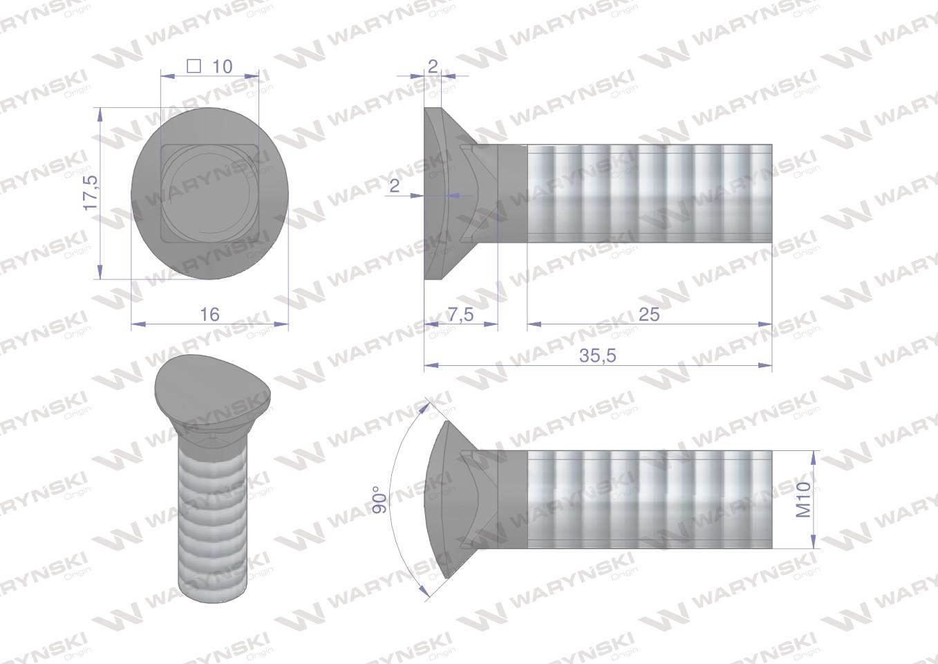 Śruba kpl. redliczkowa półokrągła M10x35 mm kl. 8.8 Waryński 25szt - zdjęcie 2