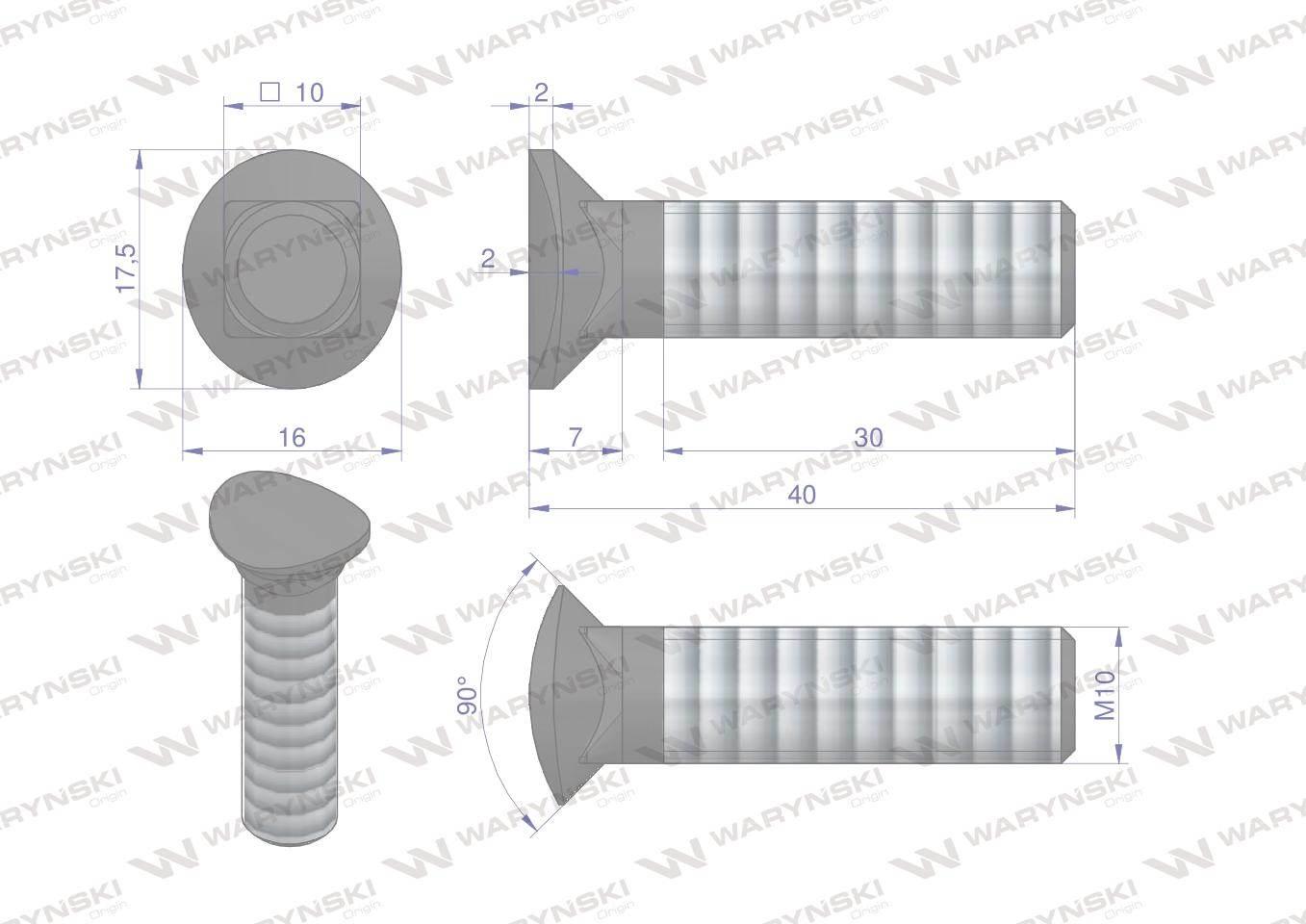 Śruba kpl. redliczkowa półokrągła M10x40 mm kl. 8.8 Waryński 25szt - zdjęcie 4