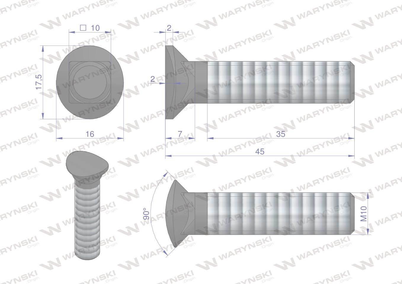 Śruba kpl. redliczkowa półokrągła M10x45 mm kl. 8.8 Waryński 25szt - zdjęcie 2