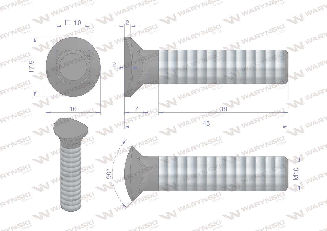 Śruba kpl. redliczkowa półokrągła M10x48 mm kl. 8.8 Waryński 25szt - zdjęcie 2
