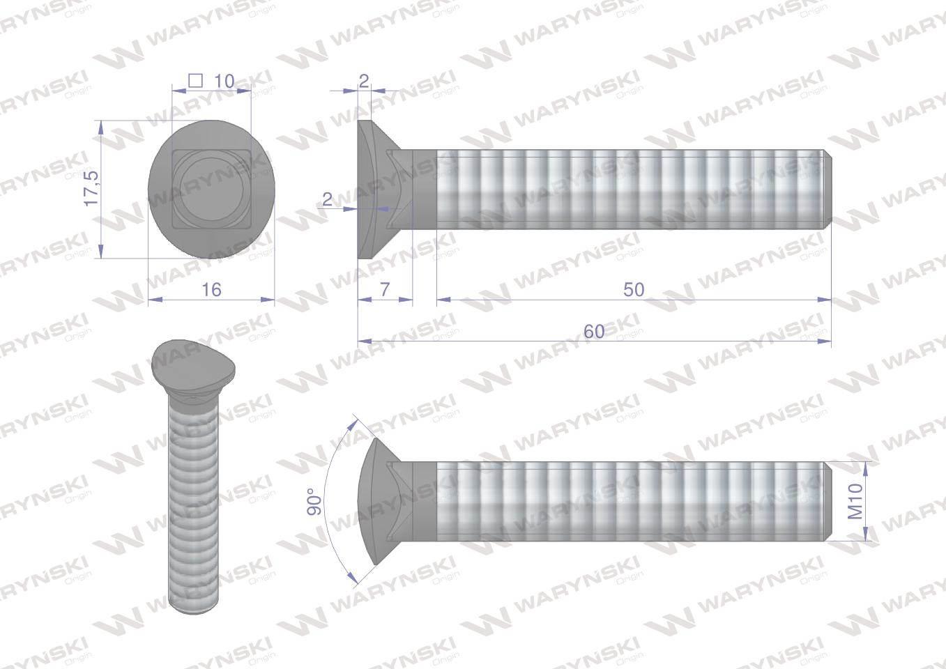 Śruba kpl. redliczkowa półokrągła M10x60 mm kl. 8.8 Waryński 25szt - zdjęcie 2
