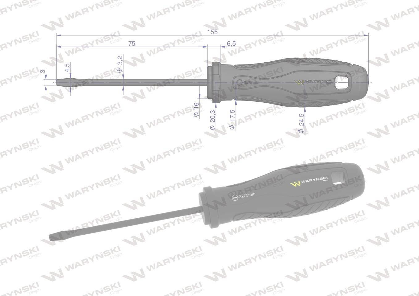 Wkrętak płaski 3 x 75 mm. stal SVCM. Waryński WMW001 - zdjęcie 3