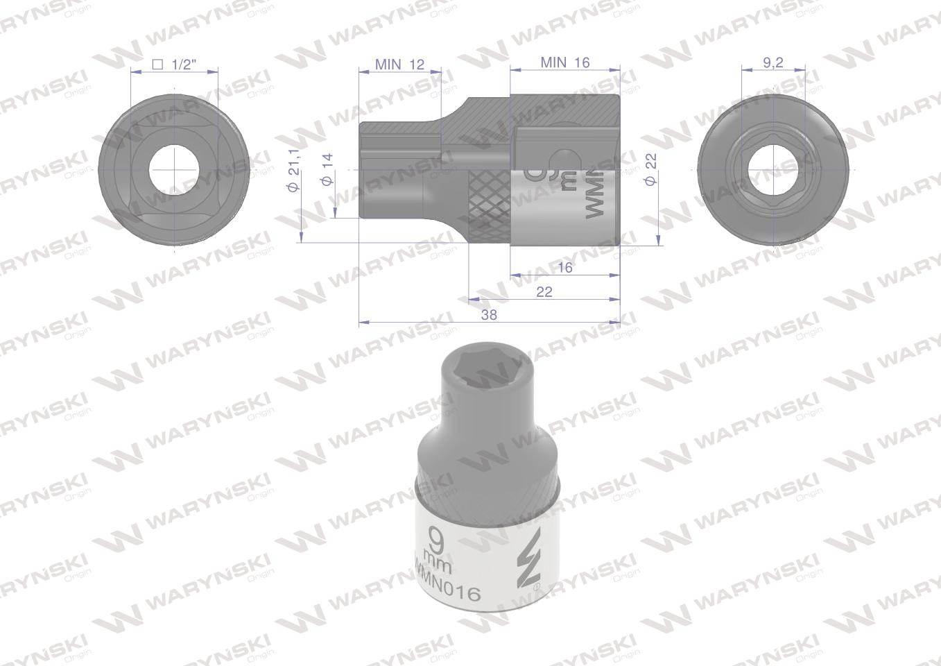 Nasadka sześciokątna 1/2". 9 mm. CrV50BV30. DIN 3124. Waryński WMN016 - zdjęcie 4