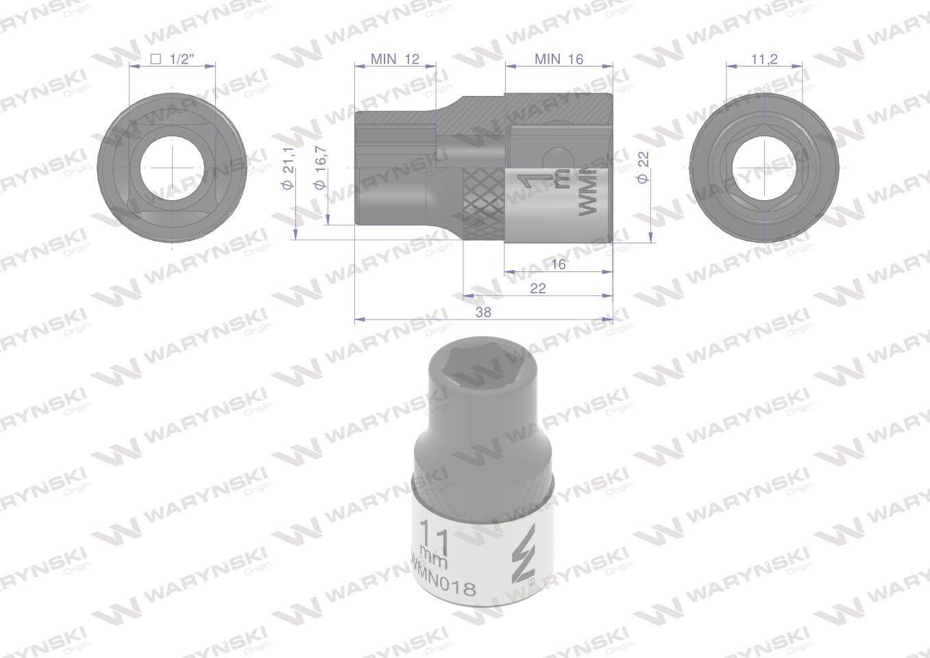 Nasadka sześciokątna 1/2". 11 mm. CrV50BV30. DIN 3124. Waryński WMN018 - zdjęcie 3