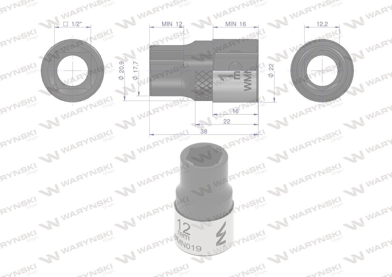 Nasadka sześciokątna 1/2". 12 mm. CrV50BV30. DIN 3124. Waryński WMN019 - zdjęcie 4