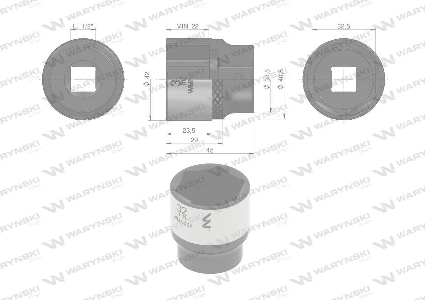 Nasadka sześciokątna 1/2". 32 mm. CrV50BV30. DIN 3124. Waryński WMN034 - zdjęcie 4