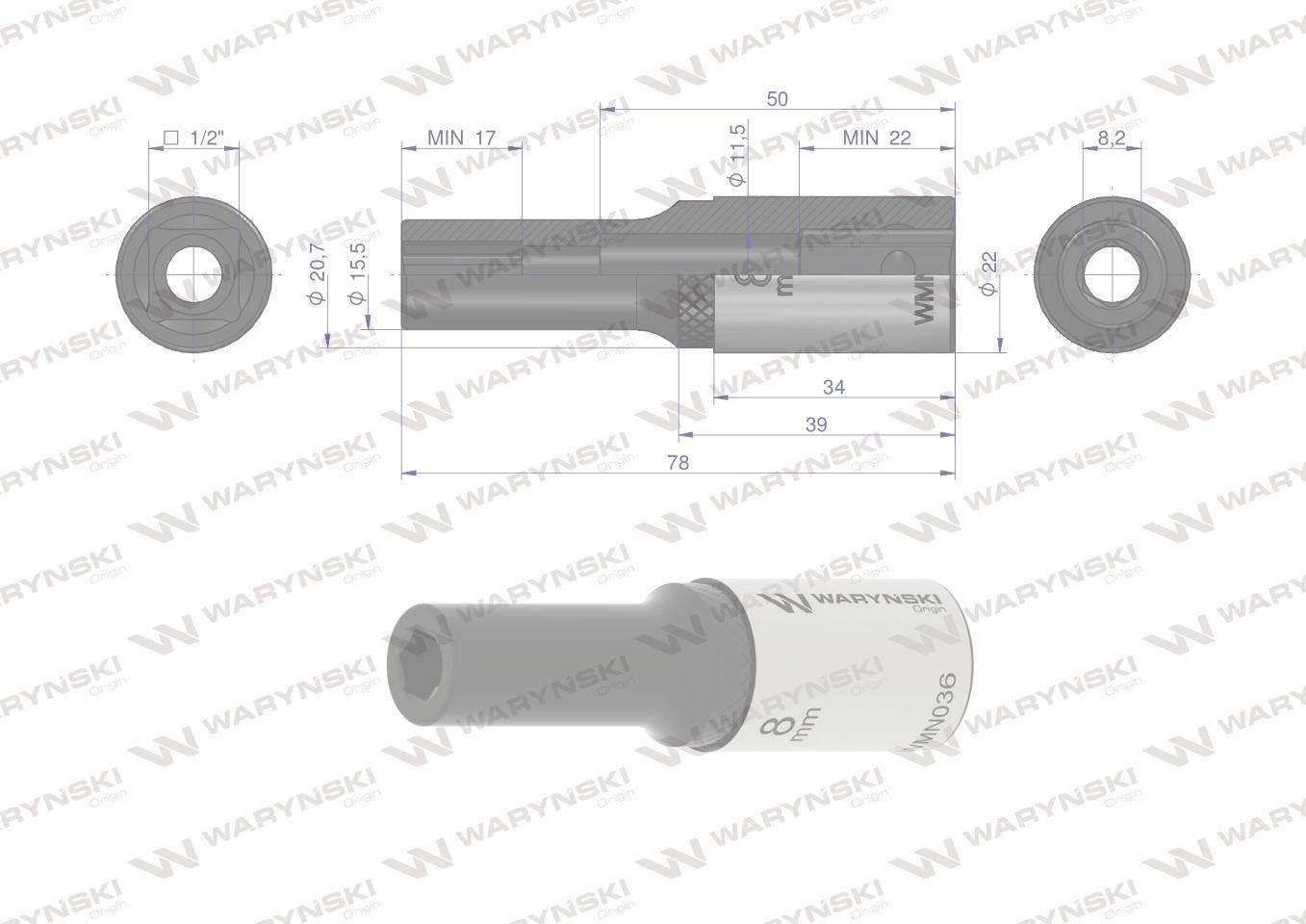 Nasadka sześciokątna 1/2". 8 mm. długa. CrV50BV30. DIN 3124. Waryński - zdjęcie 3