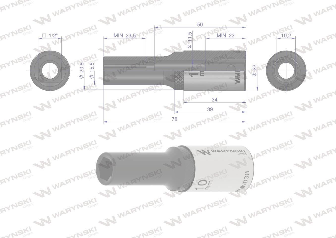 Nasadka sześciokątna 1/2". 10 mm. długa. CrV50BV30. DIN 3124. Waryński - zdjęcie 3