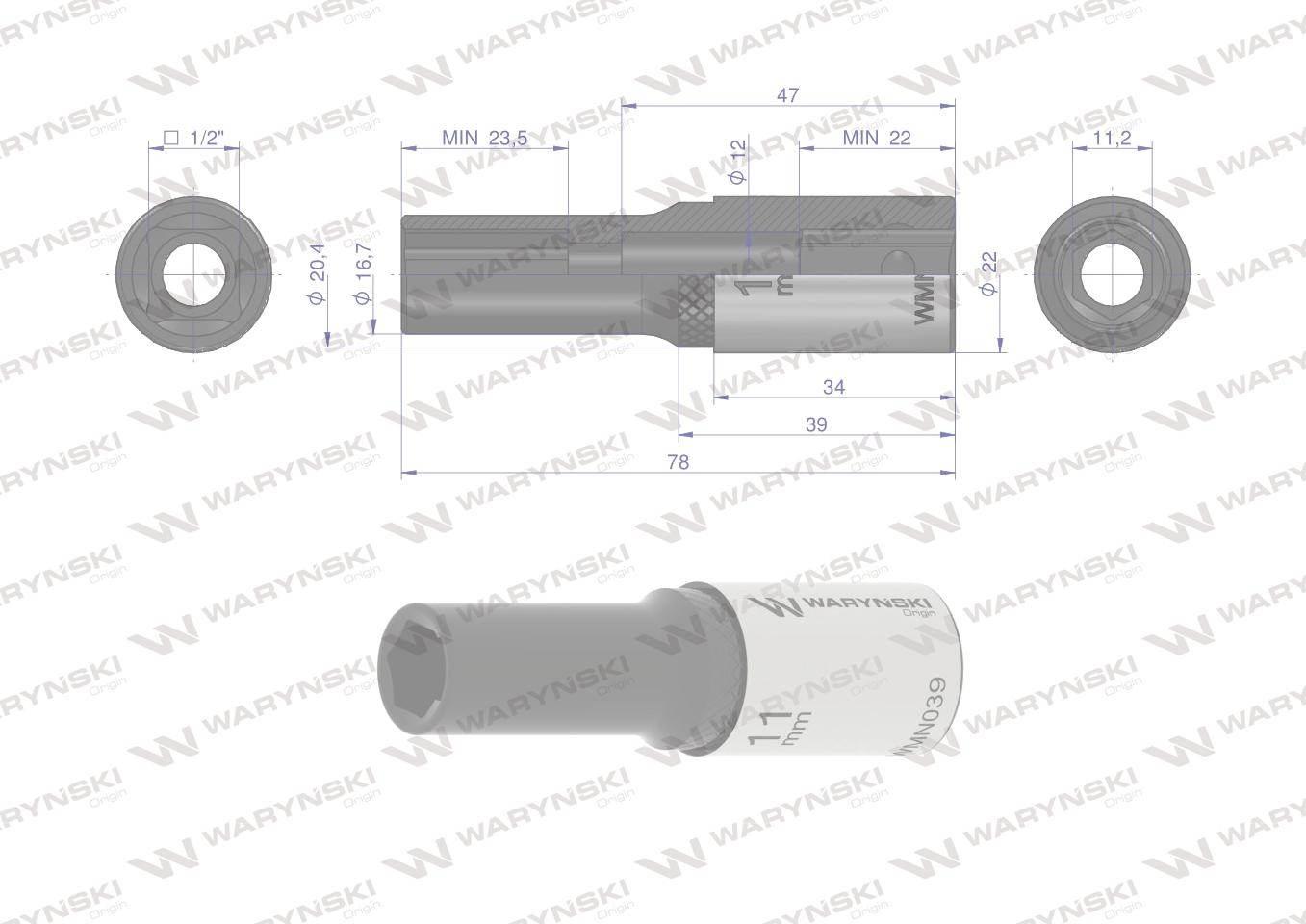 Nasadka sześciokątna 1/2". 11 mm. długa. CrV50BV30. DIN 3124. Waryński - zdjęcie 3