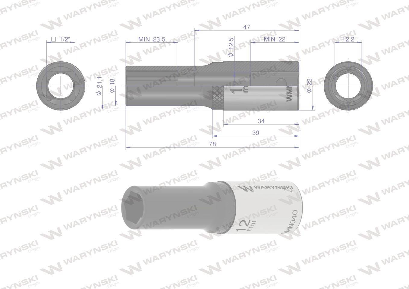 Nasadka sześciokątna 1/2". 12 mm. długa. CrV50BV30. DIN 3124. Waryński - zdjęcie 4