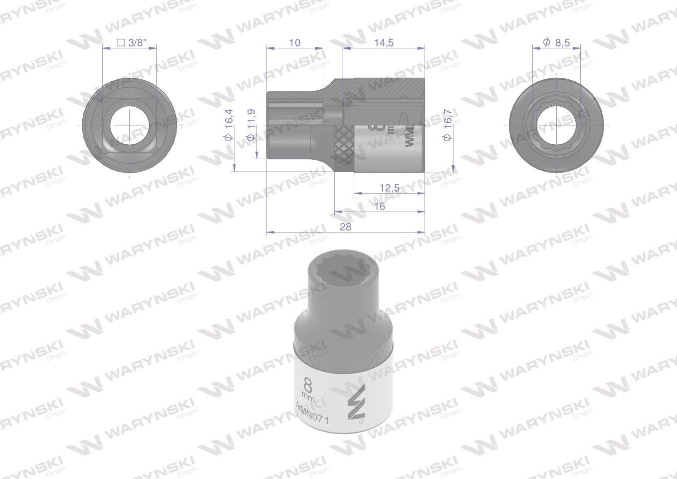 Nasadka dwunastokątna 3/8". 8 mm. CrV50BV30. DIN 3124. Waryński WMN071 - zdjęcie 4