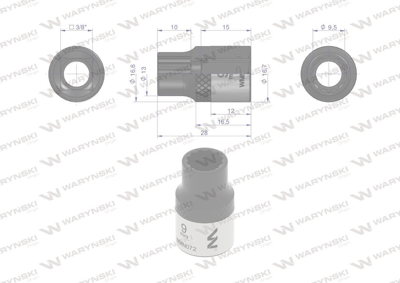 Nasadka dwunastokątna 3/8". 9 mm. CrV50BV30. DIN 3124. Waryński WMN072 - zdjęcie 4