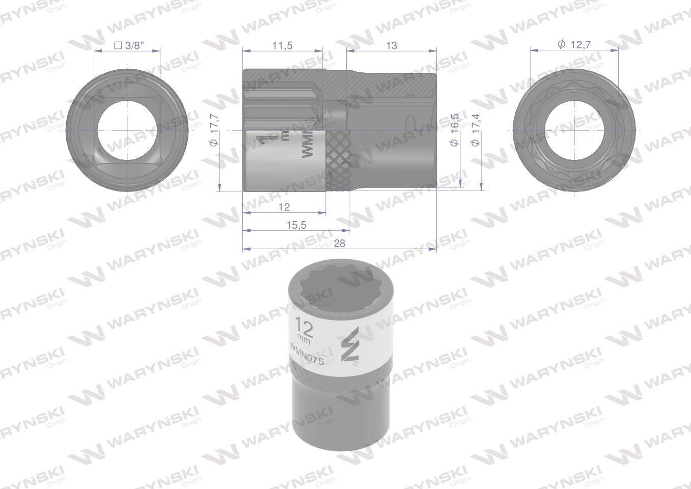 Nasadka dwunastokątna 3/8". 12 mm. CrV50BV30. DIN 3124. Waryński WMN075 - zdjęcie 3