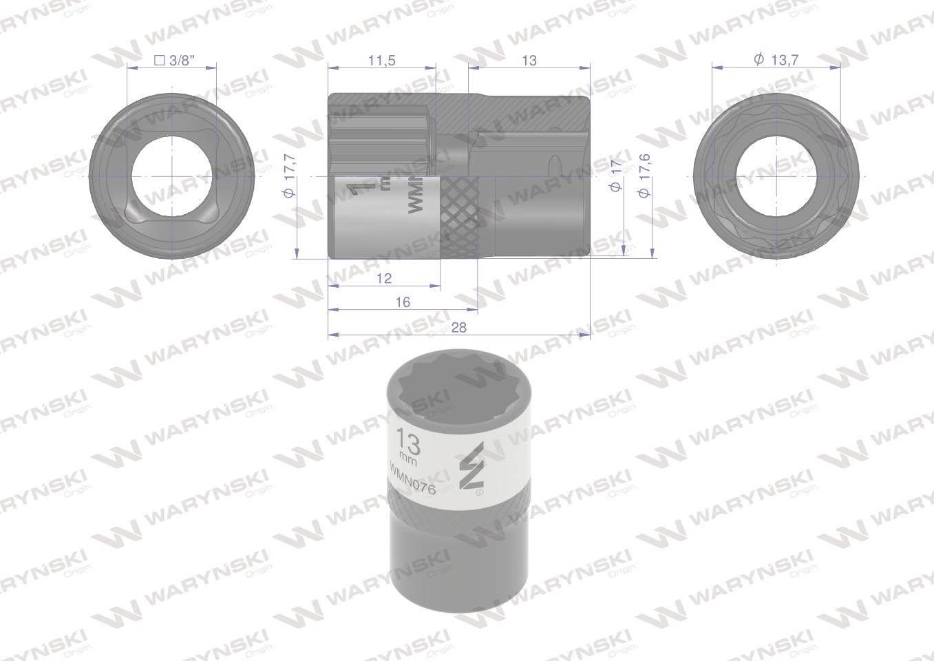 Nasadka dwunastokątna 3/8". 13 mm. CrV50BV30. DIN 3124. Waryński WMN076 - zdjęcie 3