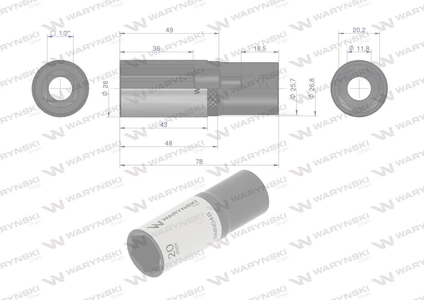 Nasadka sześciokątna 1/2". 20 mm. długa. CrV50BV30. DIN 3124. Waryński - zdjęcie 3