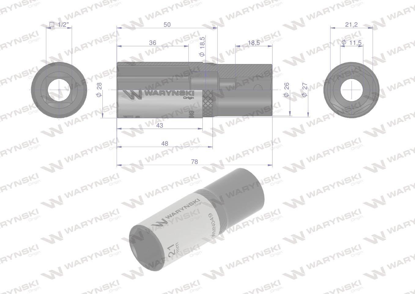 Nasadka sześciokątna 1/2". 21 mm. długa. CrV50BV30. DIN 3124. Waryński - zdjęcie 4