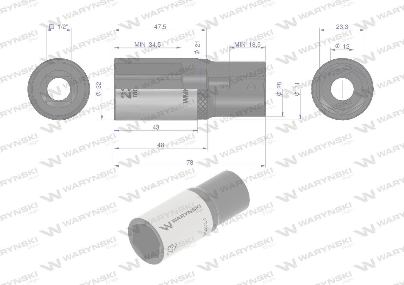 Nasadka sześciokątna 1/2". 23 mm. długa. CrV50BV30. DIN 3124. Waryński - zdjęcie 3