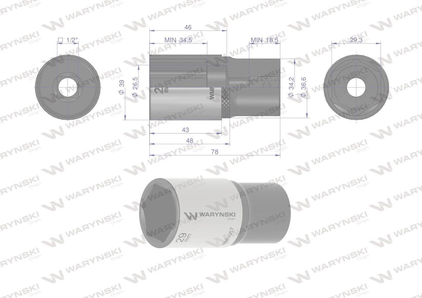 Nasadka sześciokątna 1/2". 29 mm. długa. CrV50BV30. DIN 3124. Waryński - zdjęcie 3