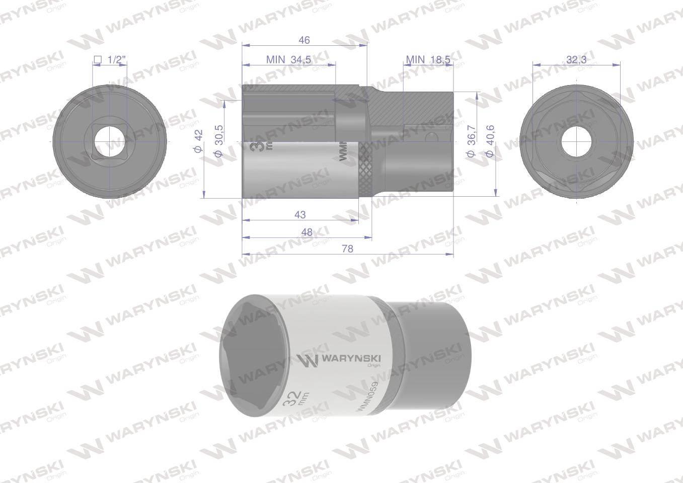 Nasadka sześciokątna 1/2". 32 mm. długa. CrV50BV30. DIN 3124. Waryński - zdjęcie 3