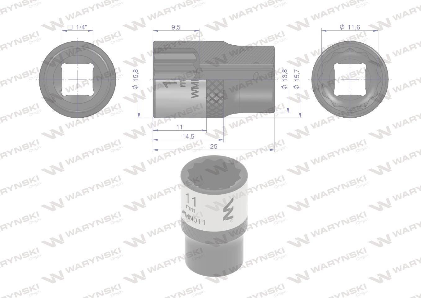 Nasadka dwunastokątna 1/4". 11 mm. CrV50BV30. DIN 3124. Waryński WMN011 - zdjęcie 3