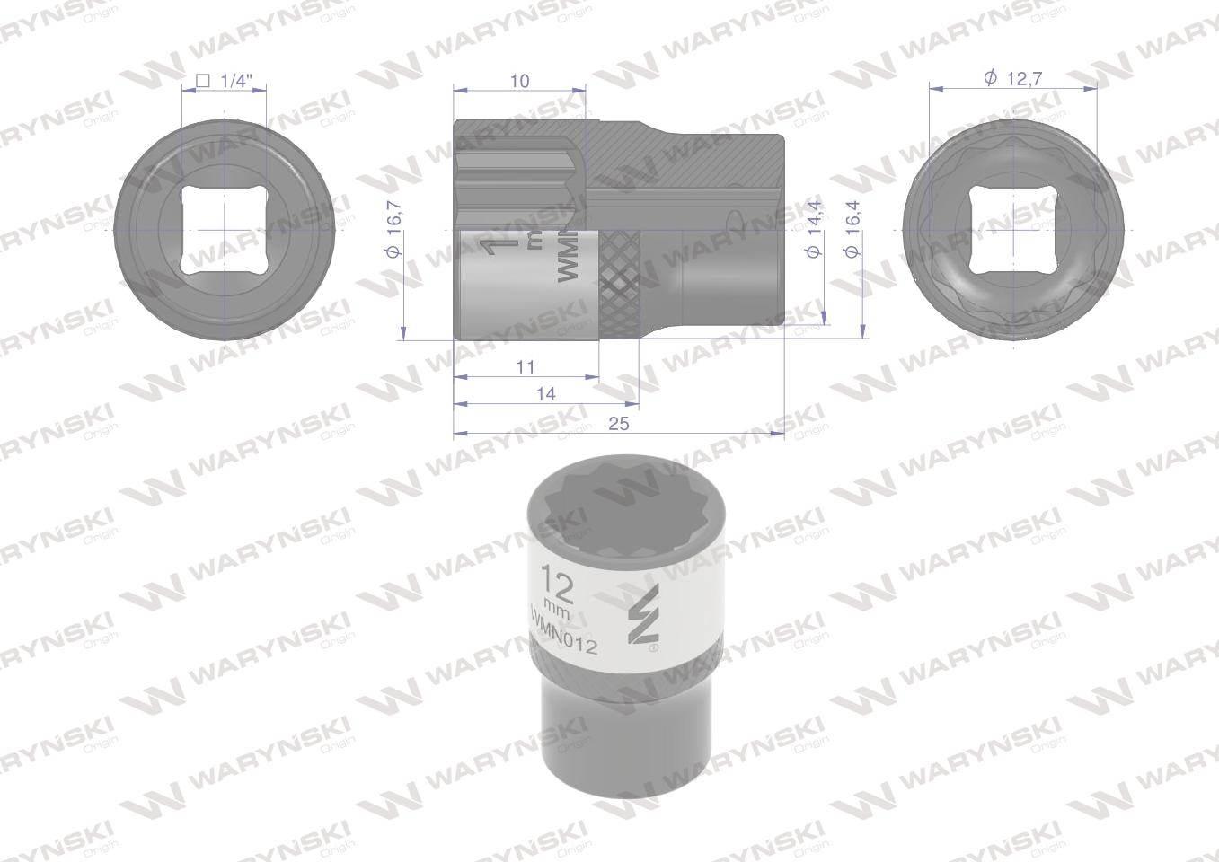 Nasadka dwunastokątna 1/4". 12 mm. CrV50BV30. DIN 3124. Waryński WMN012 - zdjęcie 4