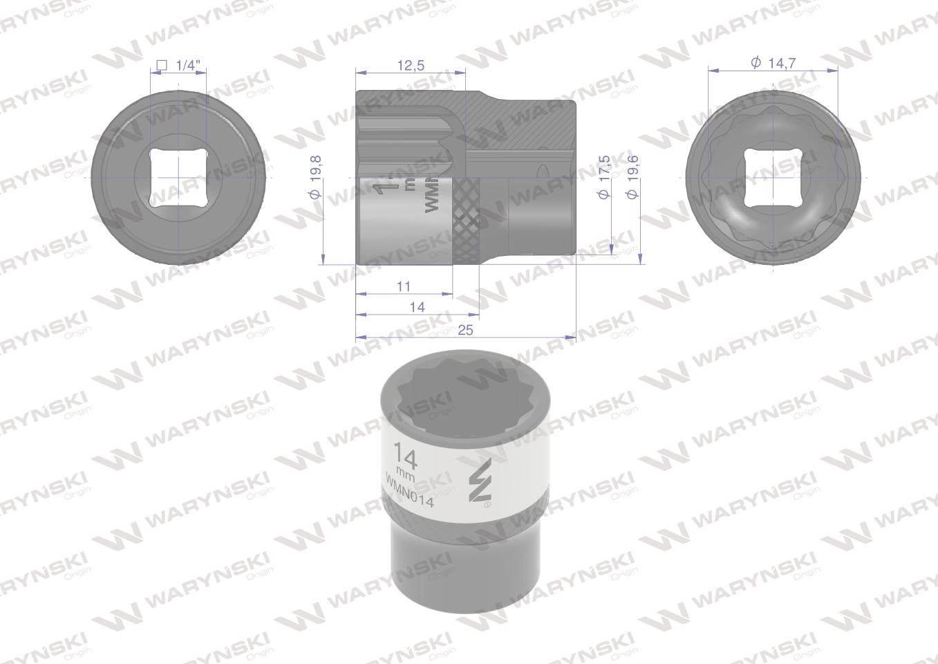 Nasadka dwunastokątna 1/4". 14 mm. CrV50BV30. DIN 3124. Waryński WMN014 - zdjęcie 3