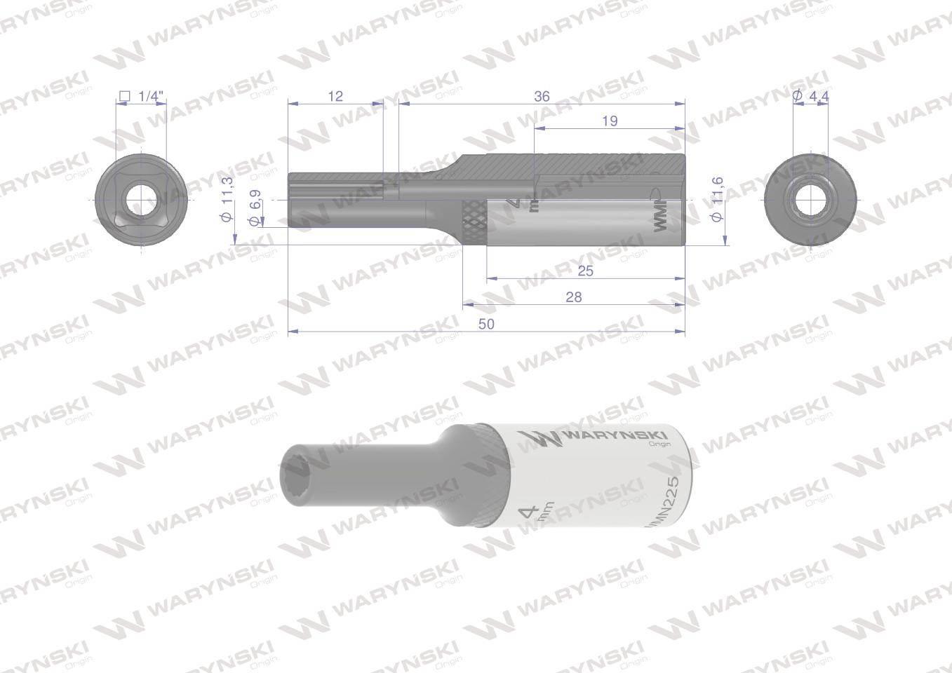 Nasadka dwunastokątna 1/4". 4 mm. długa. CrV50BV30. DIN 3124. Waryński - zdjęcie 3