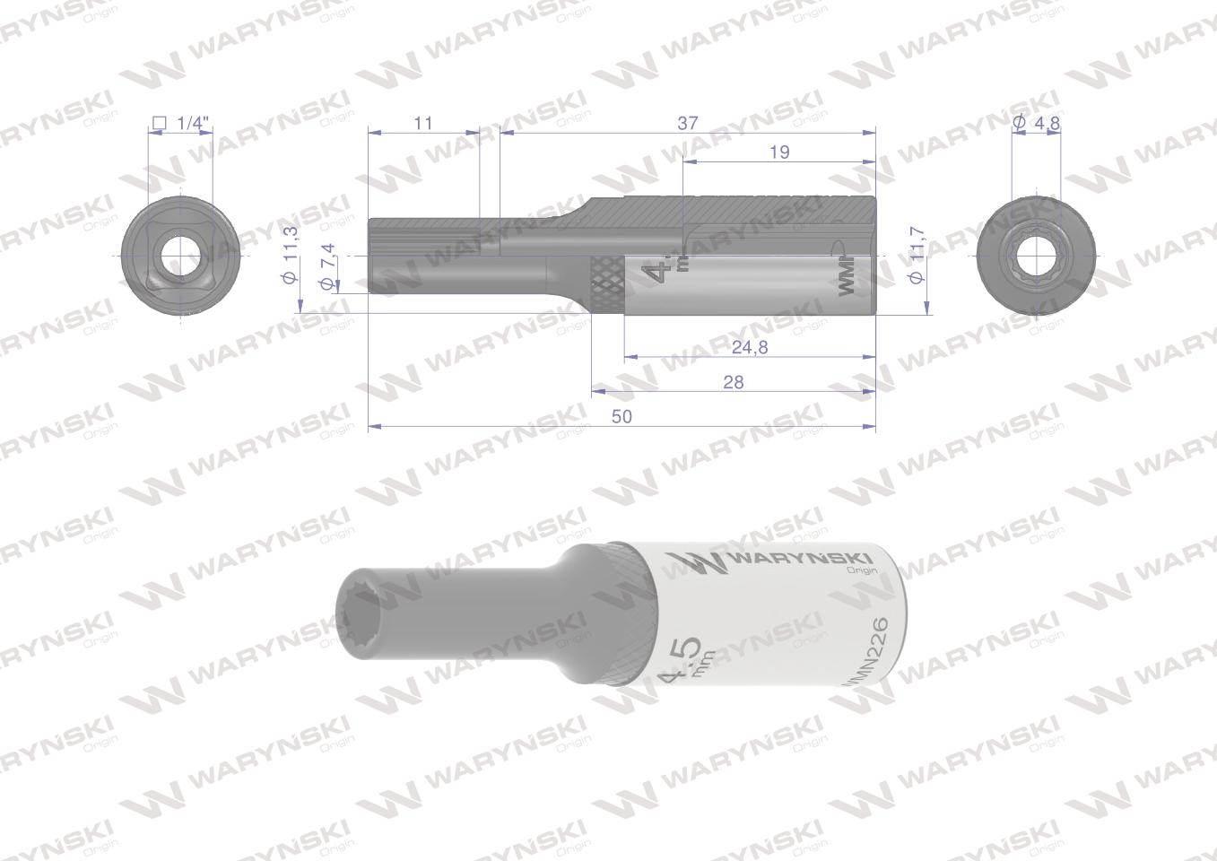 Nasadka dwunastokątna 1/4". 4.5 mm. długa. CrV50BV30. DIN 3124. Waryński - zdjęcie 4