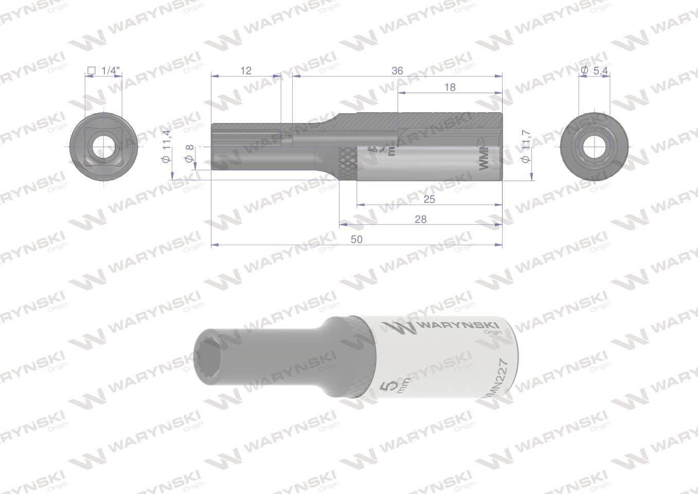 Nasadka dwunastokątna 1/4". 5 mm. długa. CrV50BV30. DIN 3124. Waryński - zdjęcie 4