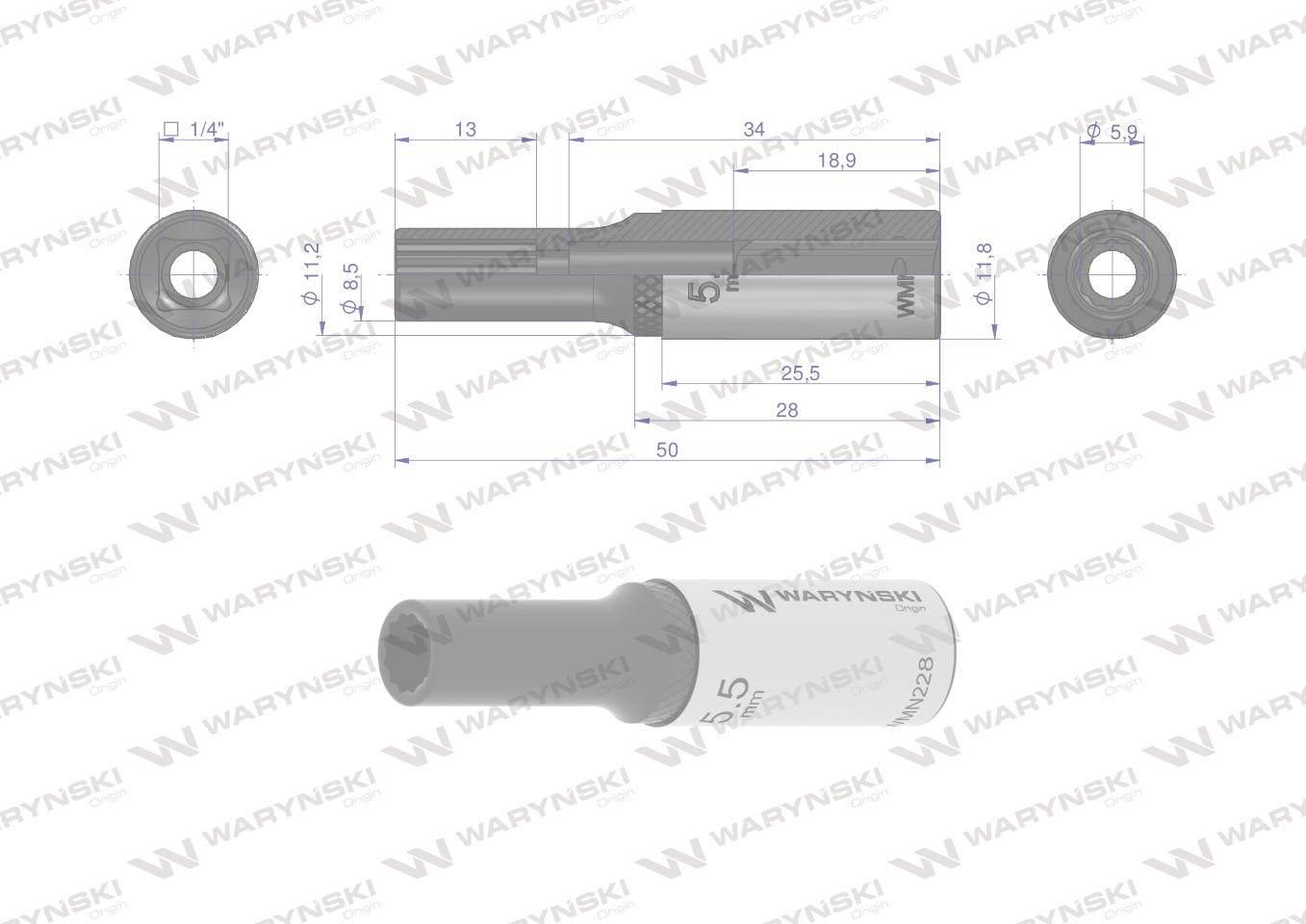 Nasadka dwunastokątna 1/4". 5.5 mm. długa. CrV50BV30. DIN 3124. Waryński - zdjęcie 3