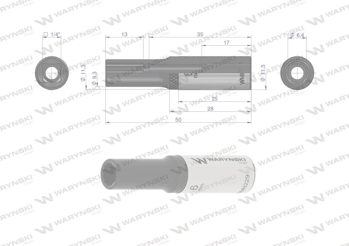 Nasadka dwunastokątna 1/4". 6 mm. długa. CrV50BV30. DIN 3124. Waryński - zdjęcie 3