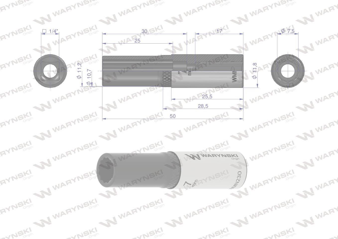 Nasadka dwunastokątna 1/4". 7 mm. długa. CrV50BV30. DIN 3124. Waryński - zdjęcie 4