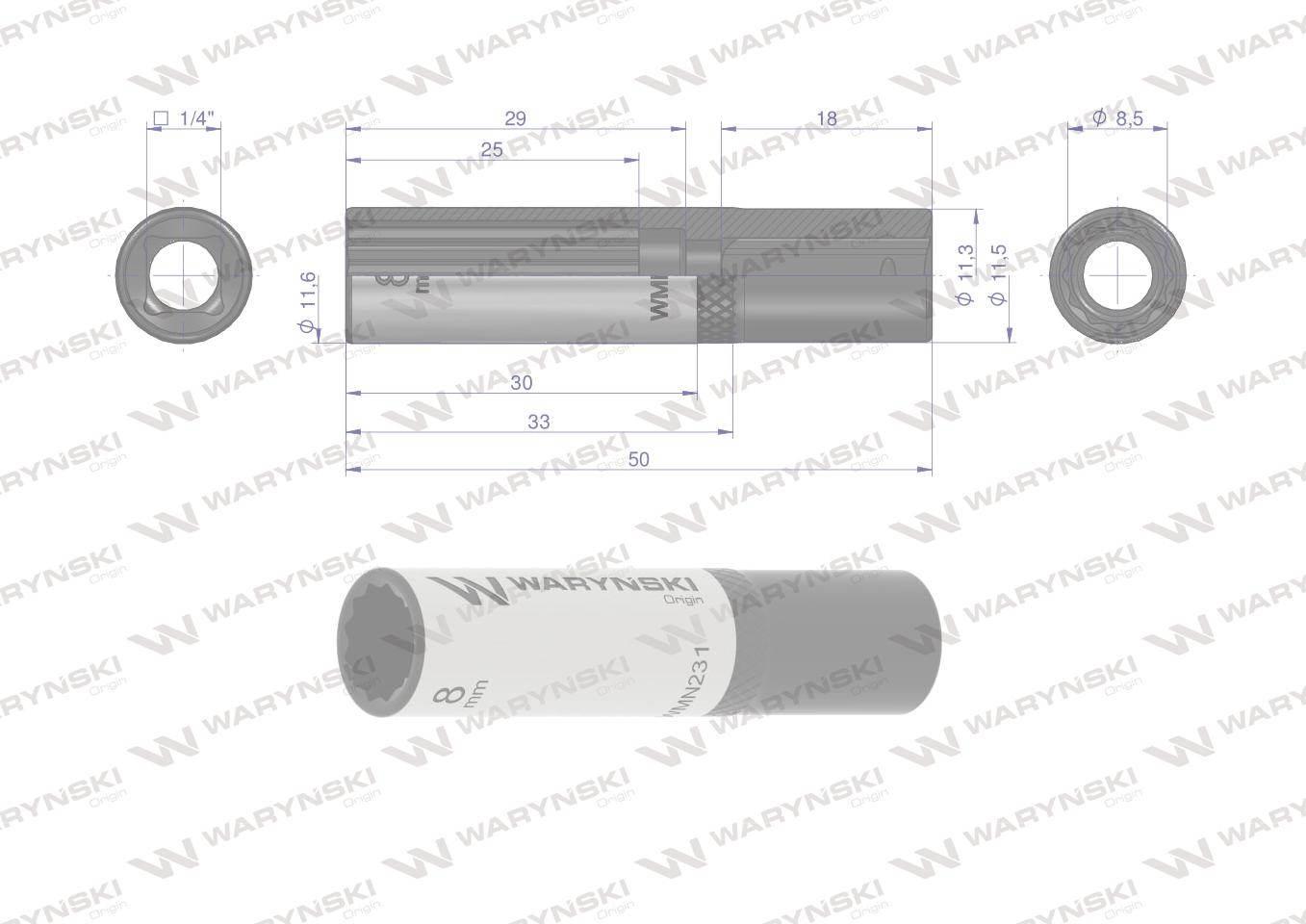Nasadka dwunastokątna 1/4". 8 mm. długa. CrV50BV30. DIN 3124. Waryński - zdjęcie 3