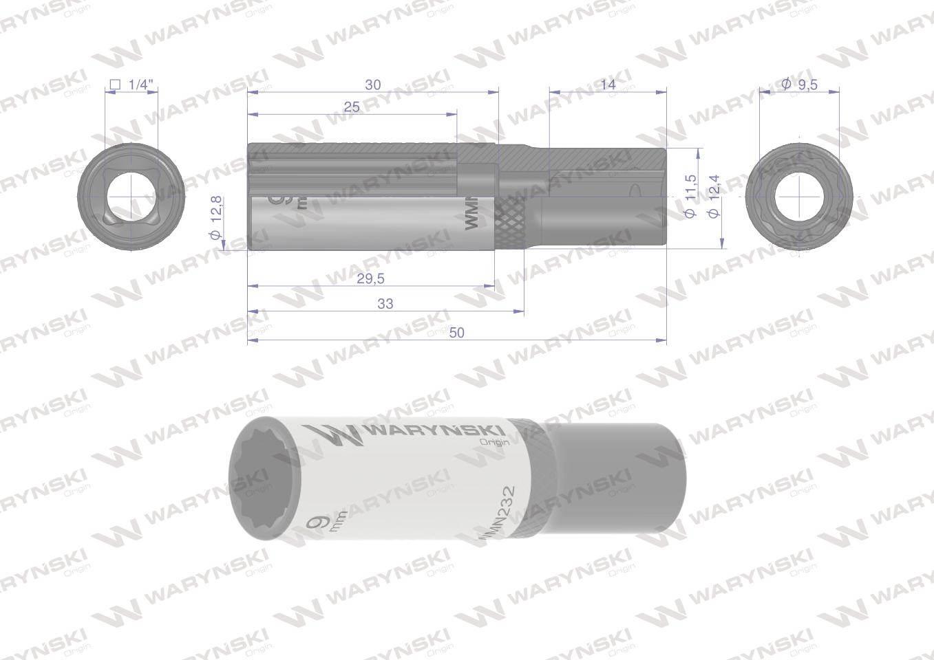 Nasadka dwunastokątna 1/4". 9 mm. długa. CrV50BV30. DIN 3124. Waryński - zdjęcie 4