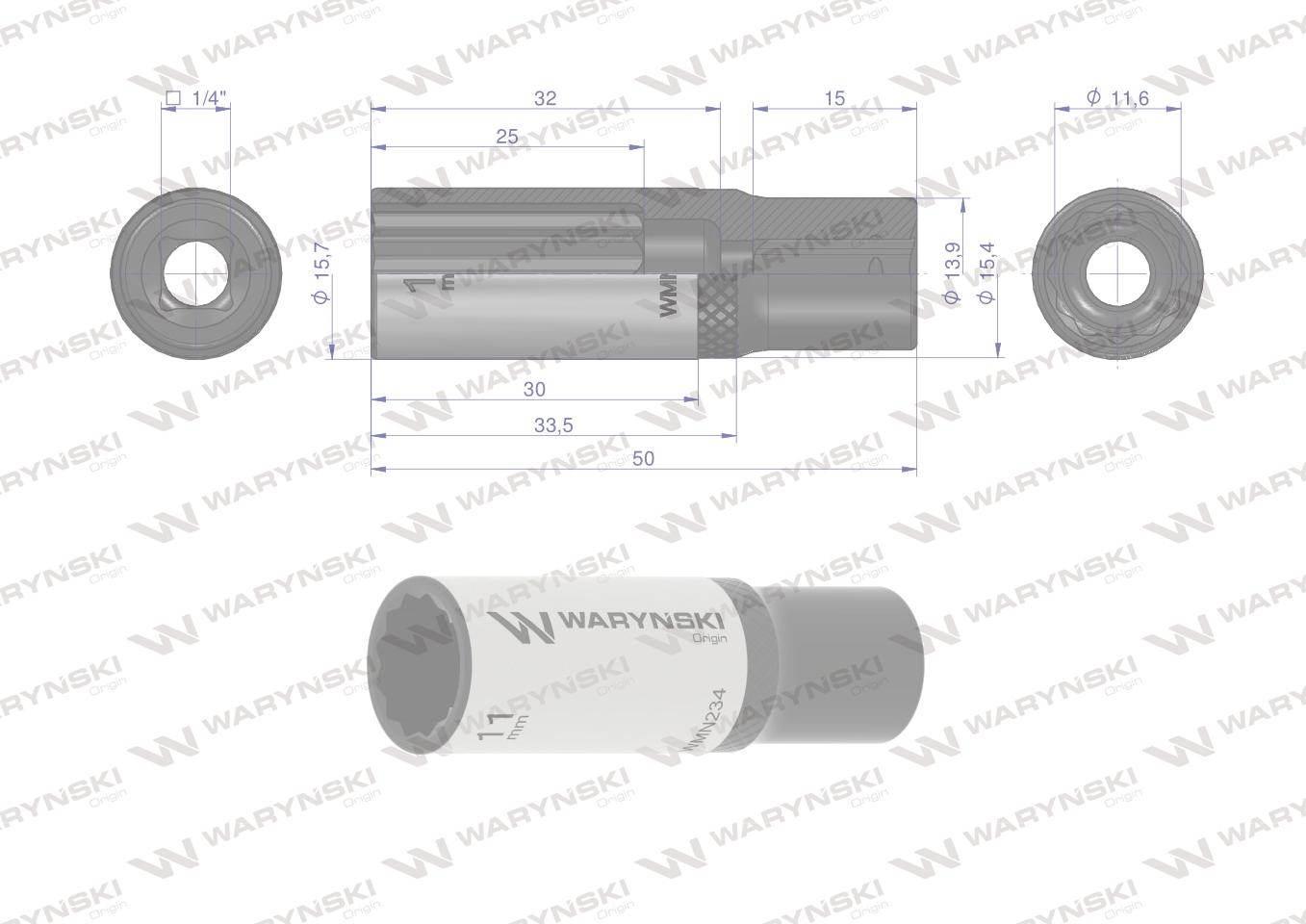 Nasadka dwunastokątna 1/4". 11 mm. długa. CrV50BV30. DIN 3124. Waryński - zdjęcie 4