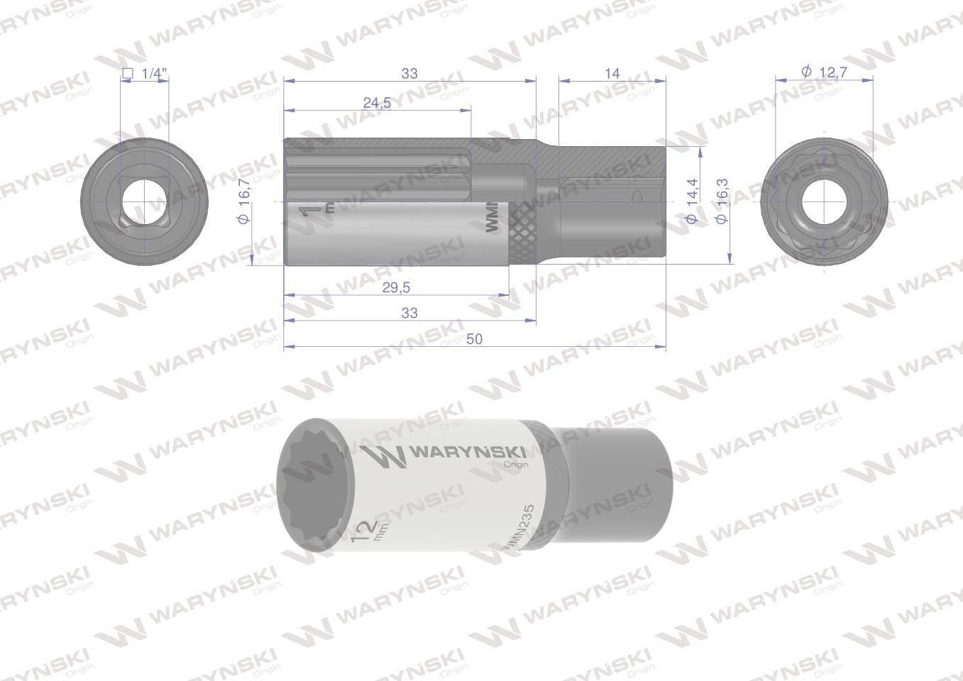 Nasadka dwunastokątna 1/4". 12 mm. długa. CrV50BV30. DIN 3124. Waryński - zdjęcie 3