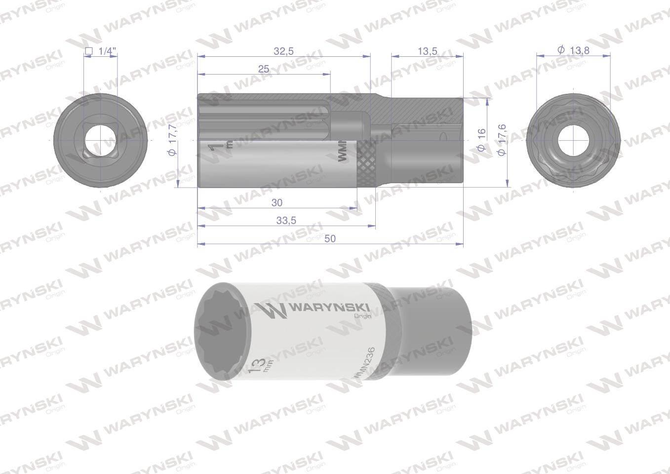 Nasadka dwunastokątna 1/4". 13 mm. długa. CrV50BV30. DIN 3124. Waryński - zdjęcie 3