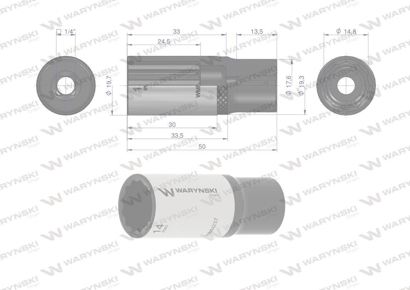 Nasadka dwunastokątna 1/4". 14 mm. długa. CrV50BV30. DIN 3124. Waryński - zdjęcie 3