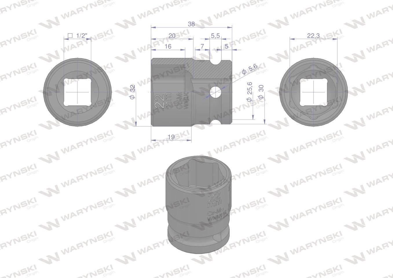 Nasadka udarowa sześciokątna 1/2". 22 mm. CrMo. DIN 3129. Waryński WMU015 - zdjęcie 3