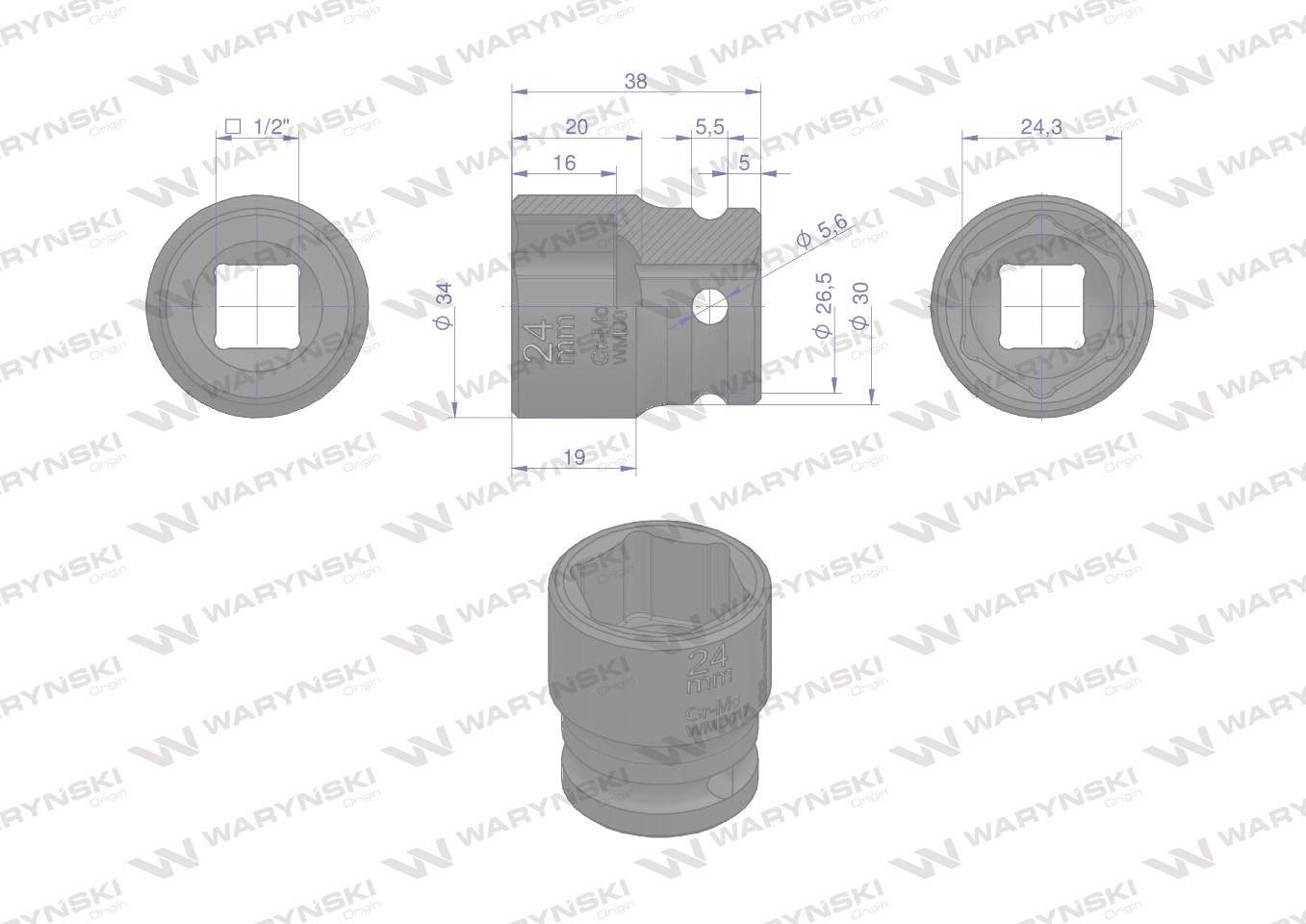 Nasadka udarowa sześciokątna 1/2". 24 mm. CrMo. DIN 3129. Waryński WMU017 - zdjęcie 3