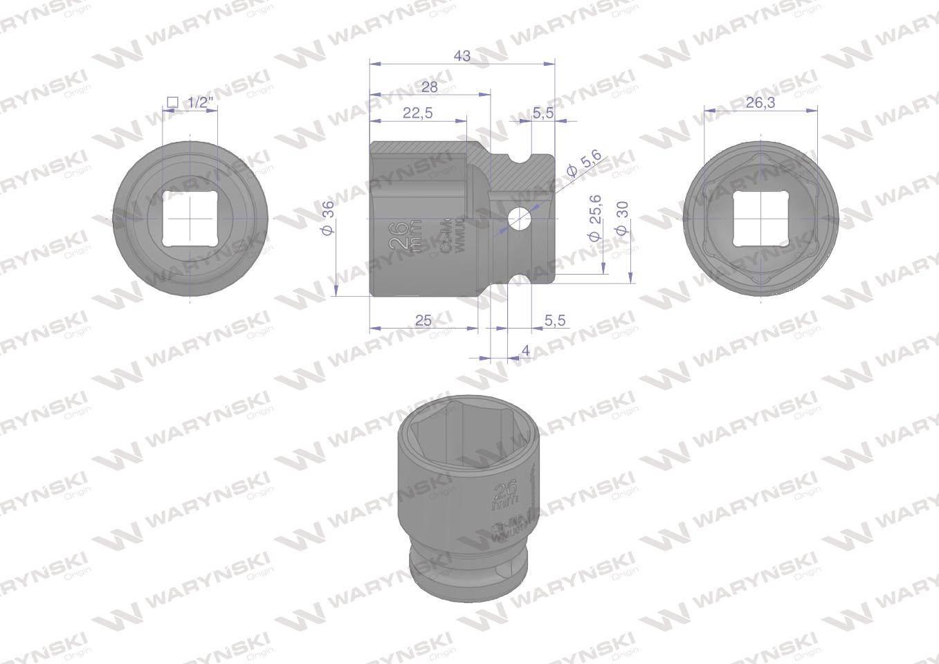 Nasadka udarowa sześciokątna 1/2". 26 mm. CrMo. DIN 3129. Waryński WMU019 - zdjęcie 3