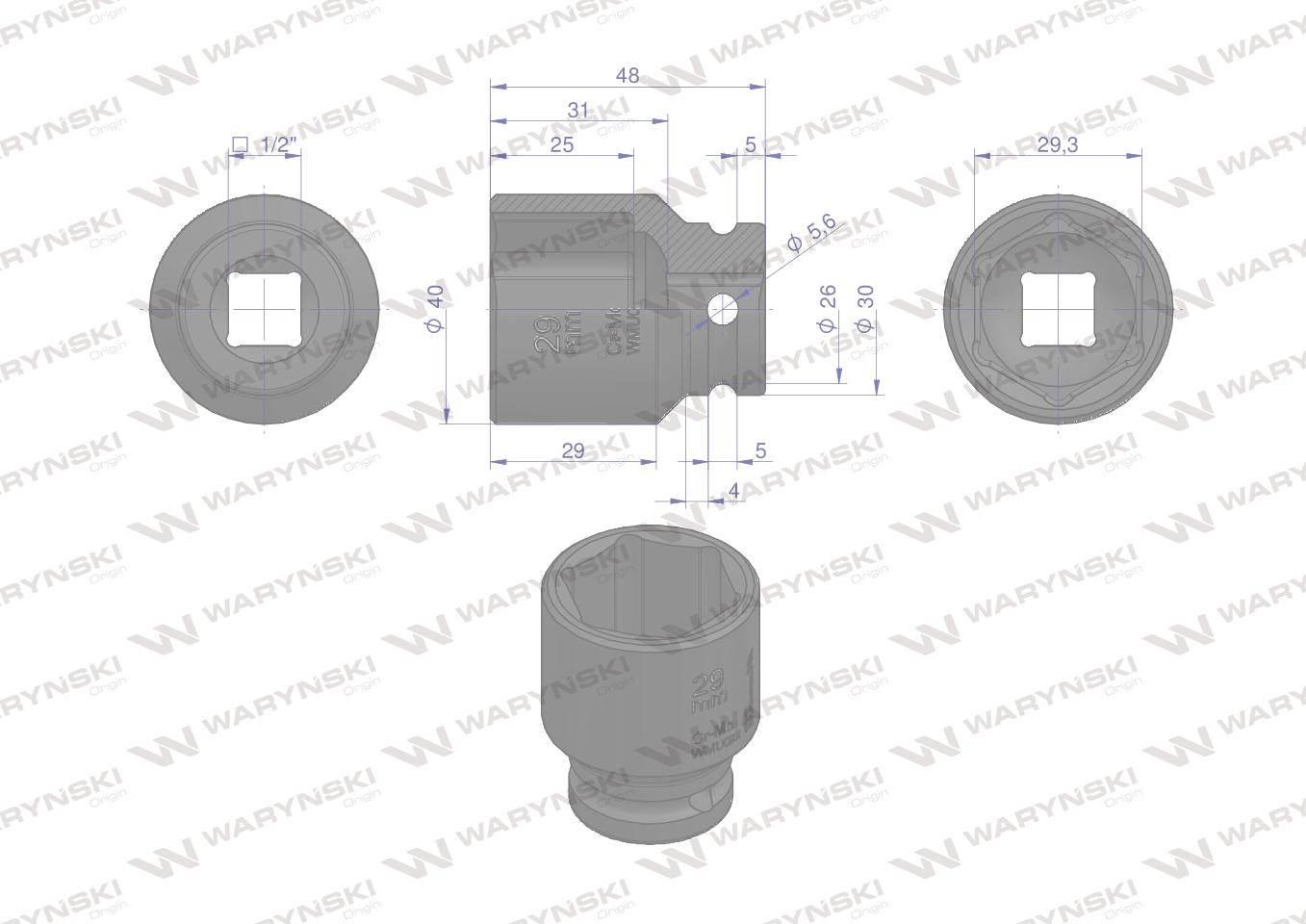 Nasadka udarowa sześciokątna 1/2". 29 mm. CrMo. DIN 3129. Waryński WMU022 - zdjęcie 3