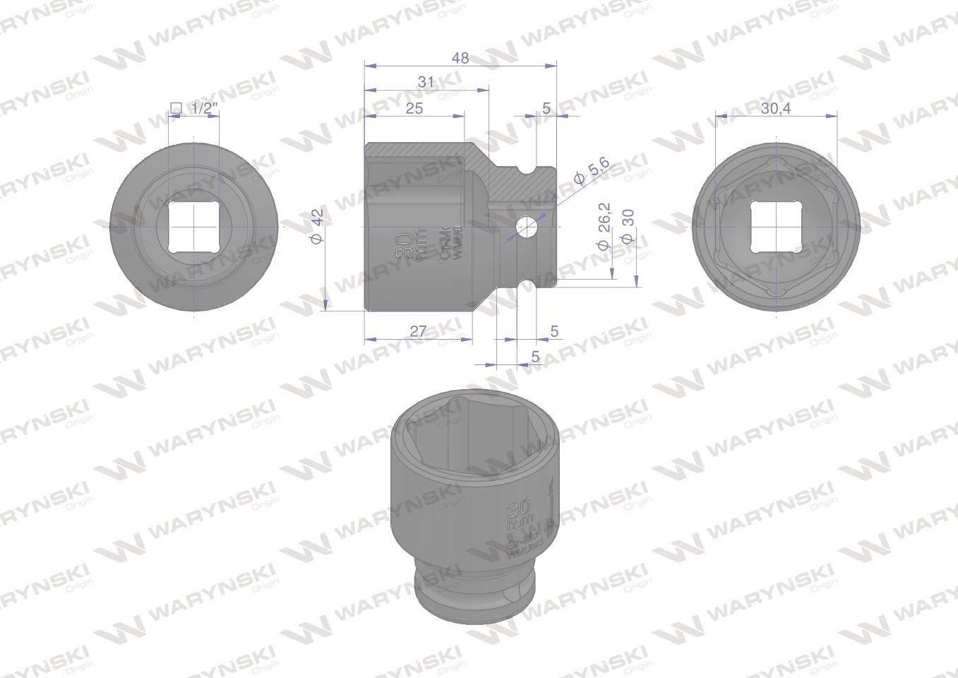 Nasadka udarowa sześciokątna 1/2". 30 mm. CrMo. DIN 3129. Waryński WMU023 - zdjęcie 3