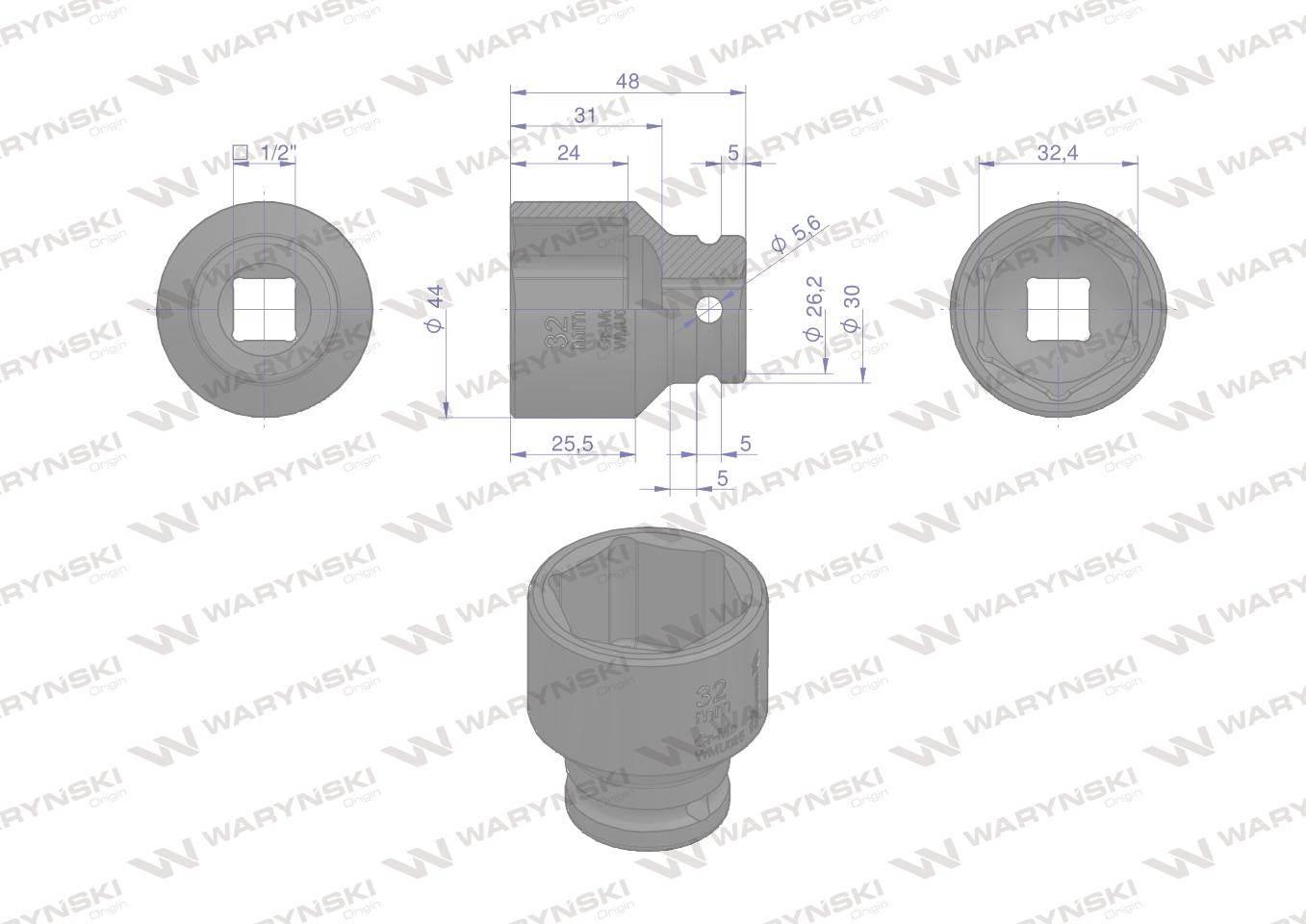 Nasadka udarowa sześciokątna 1/2". 32 mm. CrMo. DIN 3129. Waryński WMU025 - zdjęcie 3