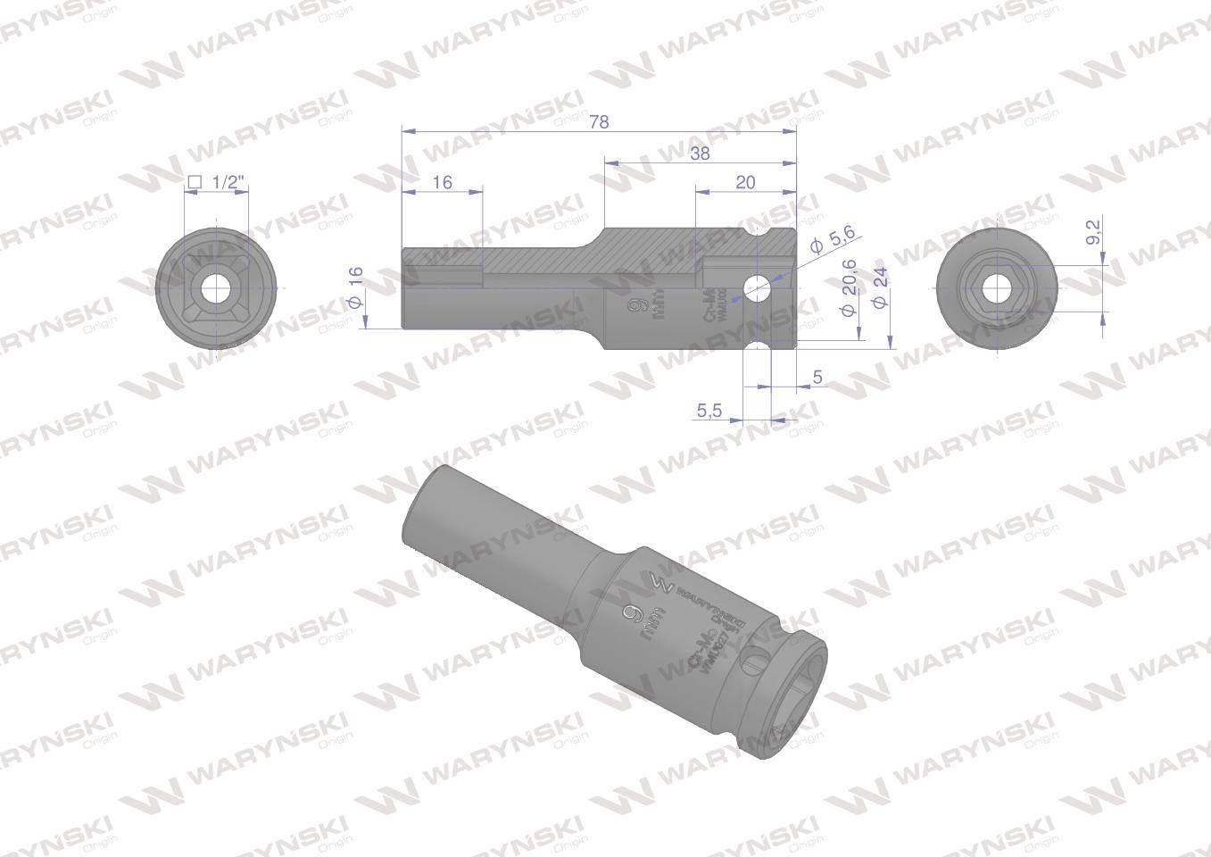 Nasadka udarowa sześciokątna długa 1/2". 9 mm. CrMo. DIN 3129. Waryński - zdjęcie 3
